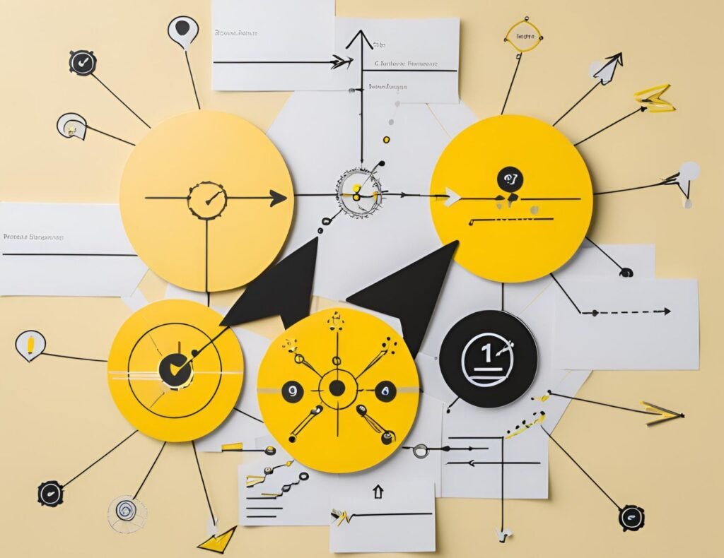 Visual representation of RevOps strategy showing interconnected systems and processes for aligning sales, marketing, and customer success in a streamlined operational flow, highlighting efficiency and collaboration in revenue operations