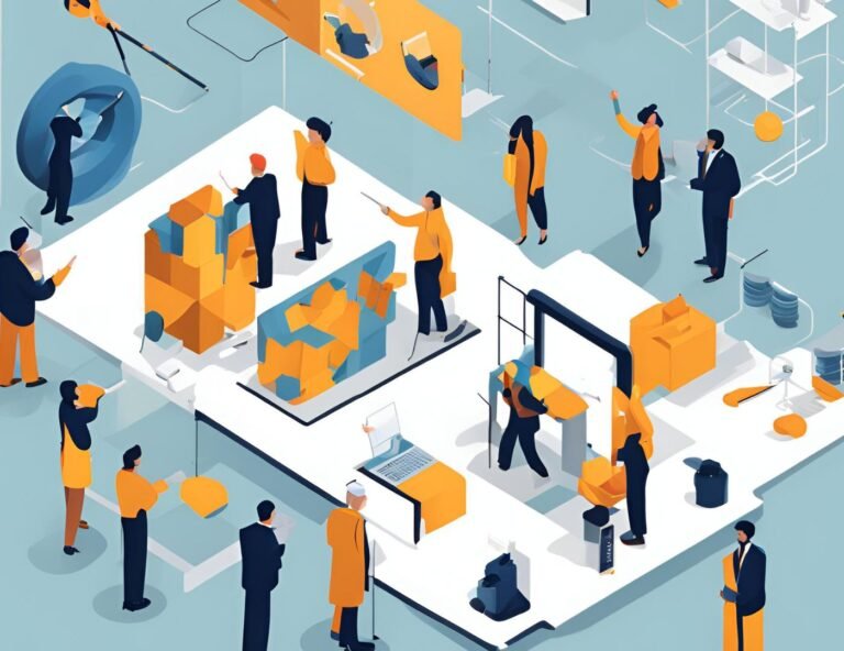 Illustration depicting key differences between project vs operations management, highlighting collaborative teams, workflows, and recurring tasks.