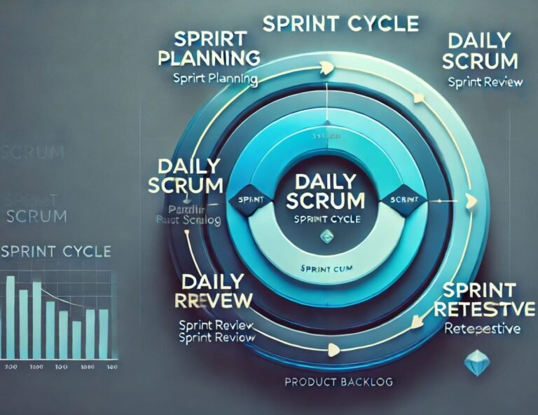 Visual representation of the Sprint Scrum Review process, featuring a circular infographic with segments for Sprint Planning, Daily Scrum, Sprint Review, and Sprint Retrospective, highlighting the key steps in agile project management.