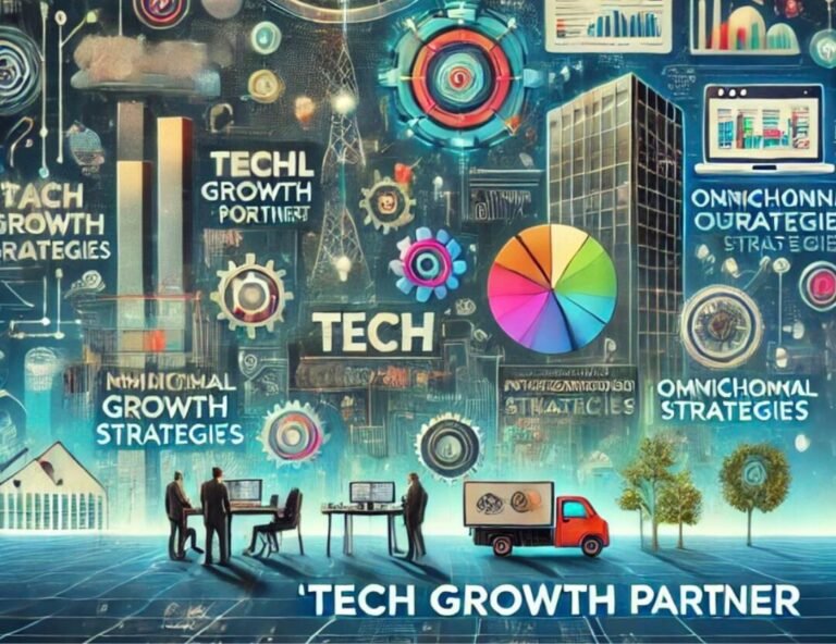 Illustration of Tech Growth strategies by NeuroGrowth, showcasing omnichannel strategies, growth planning, and tech-focused solutions for scaling businesses