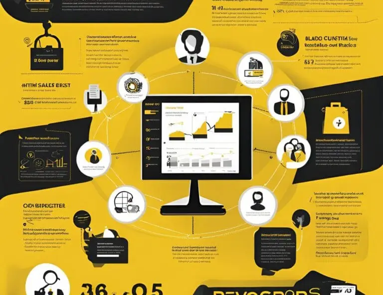 A visually engaging infographic illustrating RevOps Best Practices in black and yellow. The central monitor displays sales and revenue metrics, surrounded by interconnected elements representing automation, data insights, customer engagement, and workflow optimization. The design emphasizes efficiency and streamlined operations for business growth