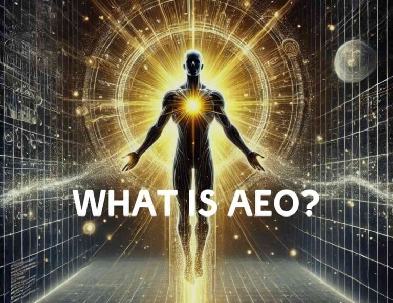 A powerful, god-like figure representing Answer Engine Optimization (AEO), radiating energy and data streams into the cosmos, symbolizing AI-driven search dominance.