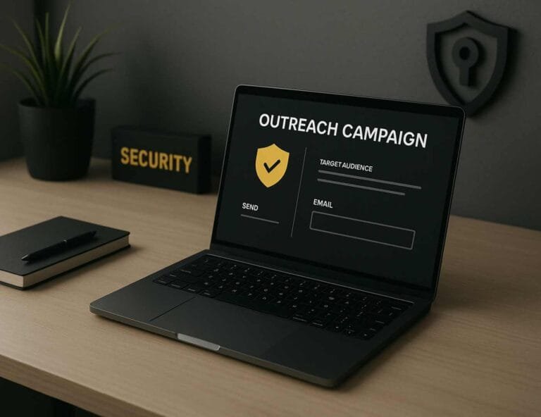 Minimalist black and yellow workspace with a laptop showing a cold outreach strategy dashboard for cybersecurity sales.