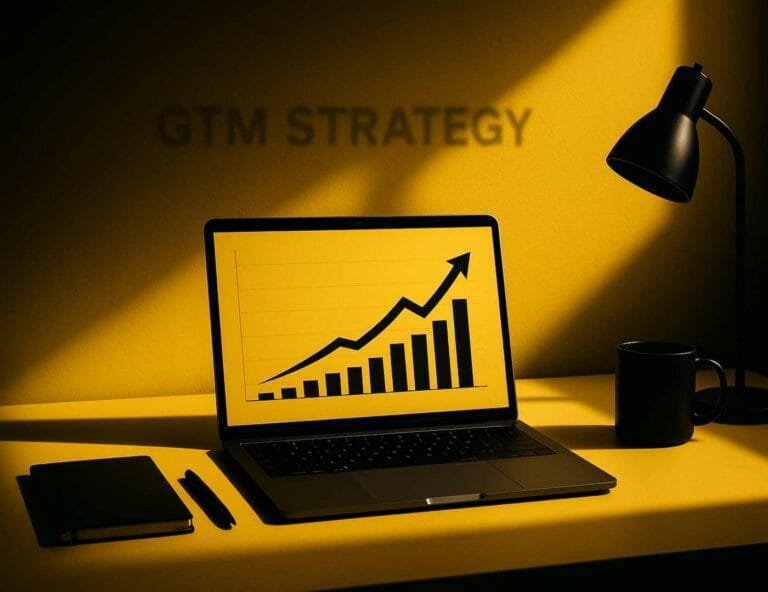 Minimalist yellow and black workspace with a laptop showing GTM strategy growth chart